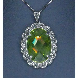 Sterling SIlver Signed DBJ Green Crystal & Marcasite Pendant Necklace on Unusual